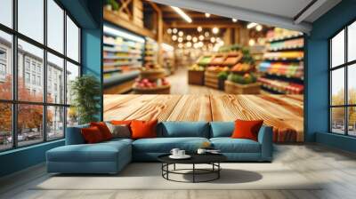 empty wooden table with beautiful grocery store background Wall mural