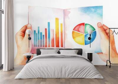 Hands holding business plan booklet, colorful graphs and pie charts, isolated on white, Watercolor style Wall mural