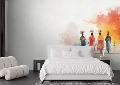 Indigenous people in ceremonial dress, nature setting, spiritual connection, Watercolor style Wall mural