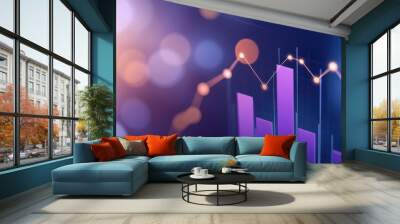 Line and bar graph combination on purple background, market analysis, flat design illustration Wall mural