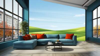 Lush green fields under blue skies, flat design illustration Wall mural