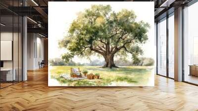 Picnicker under an oak tree serene watercolor clipart Wall mural