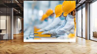 Safety factory, workers with safety gear and helmets, assembly line Wall mural