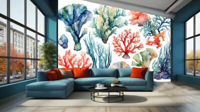 Set of watercolor seaweed and corals isolated on transparent background Wall mural