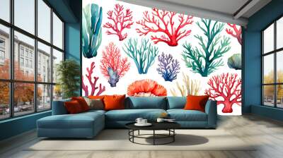 Set of watercolor seaweed and corals isolated on transparent background Wall mural