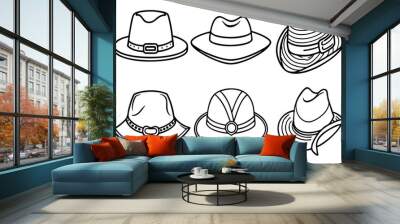 Set of hat vector illustration and different flat cap and hat icons hand drawn black and white logo vector collection set Wall mural