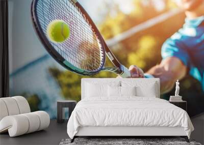 Close-up of a tennis player serving the ball during a competitive match. Wall mural