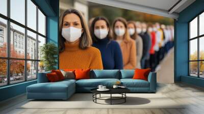 A diverse group of people wearing masks stands in a line outdoors, showcasing a sense of community during a health crisis. Wall mural