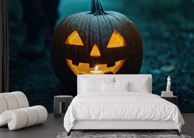 A glowing jack-o'-lantern on a dark path, embodying Halloween's spooky charm with a cheerful expression and candlelight inside. Wall mural