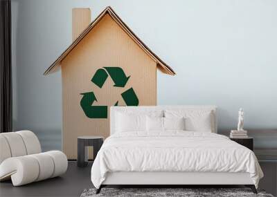 A small, eco-friendly cardboard house with a green recycling symbol, promoting sustainability and environmental awareness. Wall mural