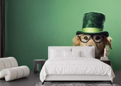 Dog wear hat against green background , Saint Patrick day, A Lucky. Wall mural