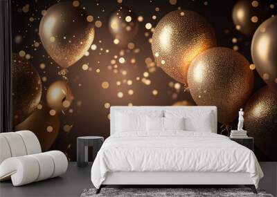 Flying Golden balloons and ribbons serpentine and glitter, gold confetti. Vector illustration for card, party.A New year party and celebration Wall mural