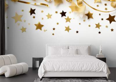 Gold stars confetti and ribbons on white background for party celebration, a New year and Merry Christmas Wall mural