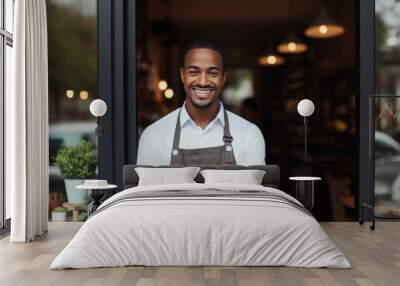 man wear apron stand at door cafeteria, small business Wall mural