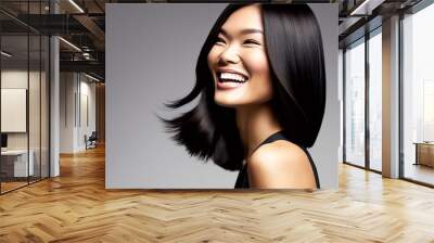 portrait of Asian supermodel silky straight hair extensions with a side part in studio background, keratin and hair care, Generative AI Wall mural