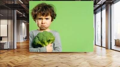 Unhappy a child girl hold  broccoli with boring. Wall mural