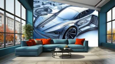 wireframe sketching supercar model, concept car. Wall mural