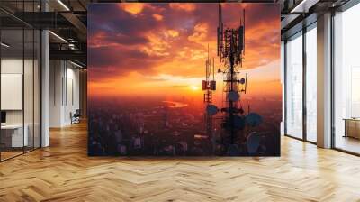 Dramatic Wireless Tech Cityscape at Sunset with Futuristic Skyscrapers and Telecommunication Towers Wall mural