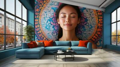 Asian girl in yoga pose, colorful mandala pattern background, serene and vibrant Wall mural