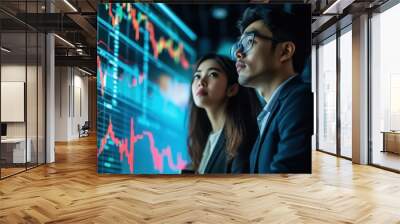 Asian man and woman in a boardroom, intensely reviewing stock market trends on a projection screen, Stock Market Analysis, Highstakes business environment Wall mural