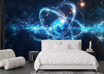 Dynamic illustration of an atom with electrons in motion around a nucleus, in a futuristic digital art style Wall mural