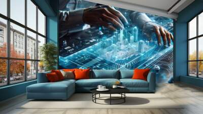 Illustrate an architect meticulously planning a futuristic city blueprint with intricate detail using CG 3D techniques Wall mural