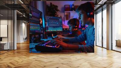 Siblings creating a digital music track, one playing virtual instruments, the other mixing sounds, Kid with computer, tech in music creation Wall mural