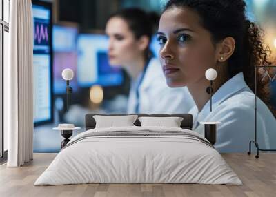 Women conducting research on health data in a government health department, emphasizing analysis and public health policy, Female health researchers, Health labor Wall mural