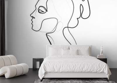 continuous line drawing of isolated on white background profile portrait of woman with long hair Wall mural