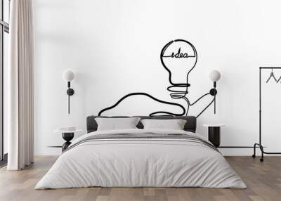 Continuous line of woman hand with incandescent bulb light bulb concept concept on white isolated background Wall mural