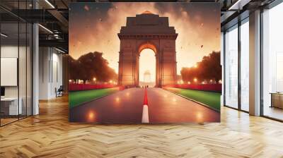 Showcasing the India Gate illuminated with the colors of the Indian flag. Surrounded by the essence of celebration. Wall mural