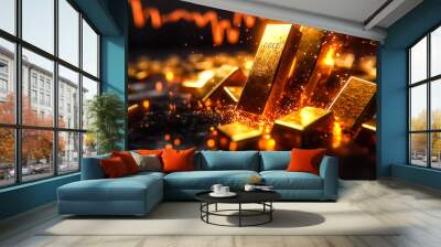 Gold falls from the sky to the ground, indicating the collapse of the world gold price. Wall mural