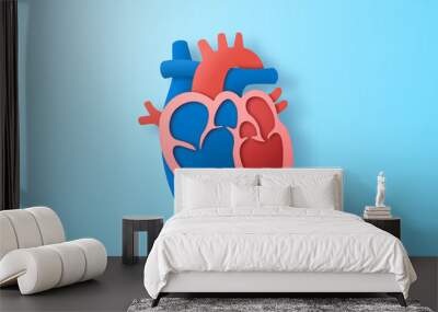 Paper craft of the human heart on blue background. Cross section of human heart for health care concept. Wall mural