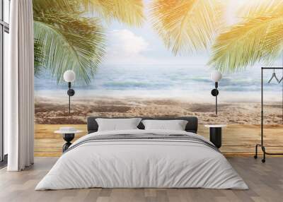 Hello summer table on Tropical Sand beach with sea and coconut palm leaves in relaxation time. Happiness and relax on the beach during summer concept. Wall mural