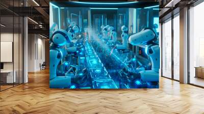 machine AI bot working with people in the office and production for industrial revolution and automation manufacturing process. humanoid AI robots, unemployment. Generative AI, illustration Wall mural