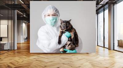 Vet happy smiling while playing with a cat. veterinarian doctor in protective suit PPE Holding a lovely cat at Animal clinic. Health care Pet and prevention COVID-19 strategy Coronavirus concept Wall mural