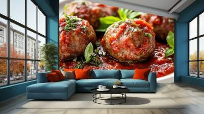 a beef meatball with marinara sauce, comfort food, rich red tones, isolated on white background Wall mural