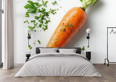 a carrot with a sprinkle of chopped parsley, culinary preparation, fresh and vibrant, isolated on white background Wall mural