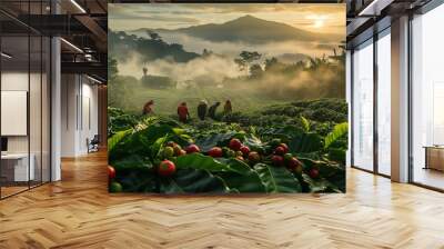 A coffee plantation at sunrise, workers handpicking ripe coffee cherries surrounded by lush green foliage Wall mural