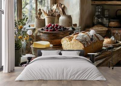 A rustic kitchen with a loaf of homemade bread being sliced, surrounded by butter, jam, and fresh fruit, Homebaked bread, warm and inviting Wall mural