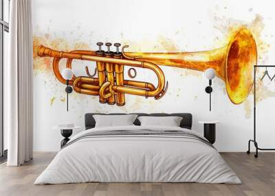 A trumpet emitting bright musical notes, jazz instrument, dynamic illustration, isolated on white background Wall mural