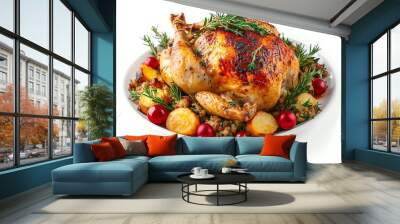 a whole roasted chicken with stuffing, holiday feast, golden and appetizing, isolated on white background Wall mural