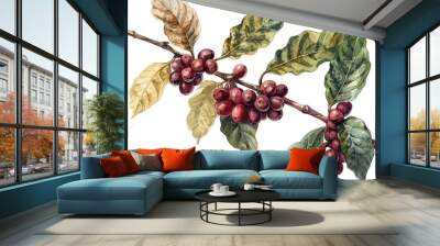 Artistic depiction of Coffea arabica plant elements, isolated on white, mixed media Wall mural