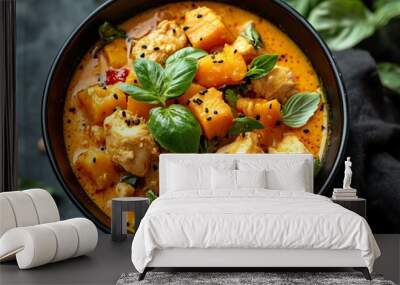 Bowl of Thaistyle pumpkin curry with chicken, Thai pumpkin curry, seasonal dish Wall mural