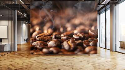 Close-up of freshly roasted coffee beans with steam rising, highlighting rich textures and dark brown colors Wall mural