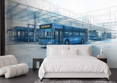 Conceptual blueprint of a bus terminal designed for efficient distribution and quick turnaround of multiple trips Bus Distribution Trip, Terminal efficiency Wall mural