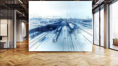 Conceptual blueprint of a multimodal cargo facility, where railways and highways intersect to maximize efficiency in goods distribution Rail Roads Cargo, Multimodal facility Wall mural