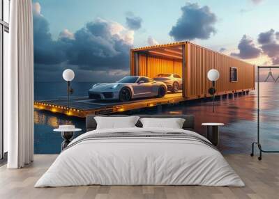 Conceptual design of a shipping container modified to securely transport luxury cars on their journey across the seas Car Shipping Journey, Luxury transport Wall mural