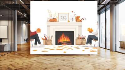 Cozy Thanksgiving holiday celebration by a fireplace, family exchanging gratitude, warm autumn tones, flat design, isolated on white background Wall mural