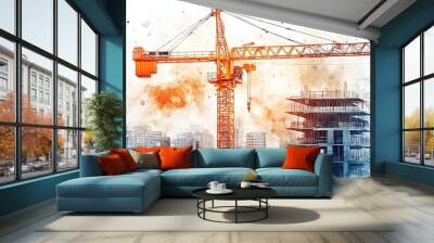 Crane lifting concrete blocks, modern construction site, watercolor style Wall mural